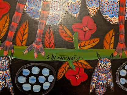 Sisson Blanchard ( 1926-1981) 24"x72" Six Owls & Five Owlets c1970 Oil on Board Unframed Painting#1LA