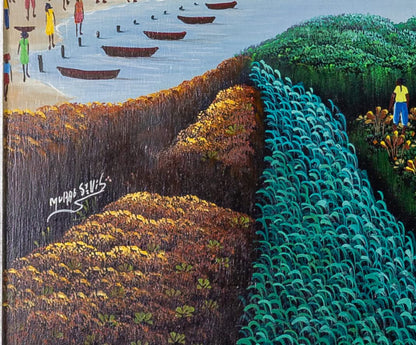 Murat Saint-Vil 19 ¼" x 23 ½"  Floating Islands 1980 Oil on Masonite Framed Painting #29SS