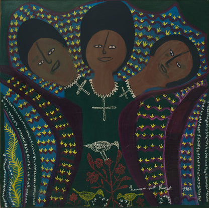 Louisane Saint Fleurant (Haitian, 1924-2005) Three Heads 24"x24" Acrylic on Board 1982 Unframed Painting#14-3-96GSN-HA-Fondation Marie & Georges S. Nader