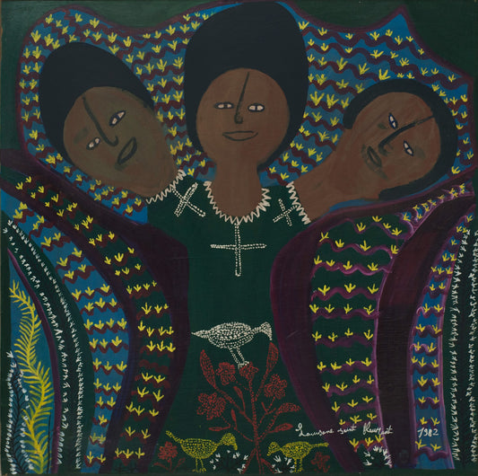 Louisane Saint Fleurant (Haitian, 1924-2005) Three Heads 24"x24" Acrylic on Board 1982 Unframed Painting#14-3-96GSN-HA-Fondation Marie & Georges S. Nader