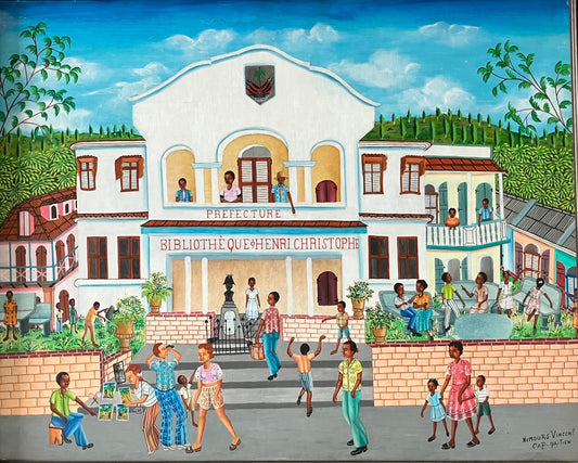 Nemours Vincent Préfecture of Cap-Haïtien, original Haitian painting depicting the Préfecture and Bibliothèque Henri Christophe with townspeople in Cap-Haïtien, 24 × 30 inches. 