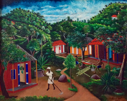 Pauleus Vital (Haitian, 1918-1984) 24"x30" Village Scene 1972 Oil on Board Vintage Painting #1MFN