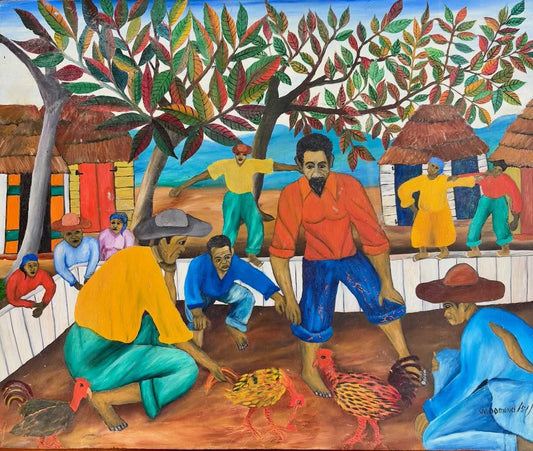 Wilmino Domond (1925-2006) 20"x24" Cockfight 1951 Oil on Board Painting #BM