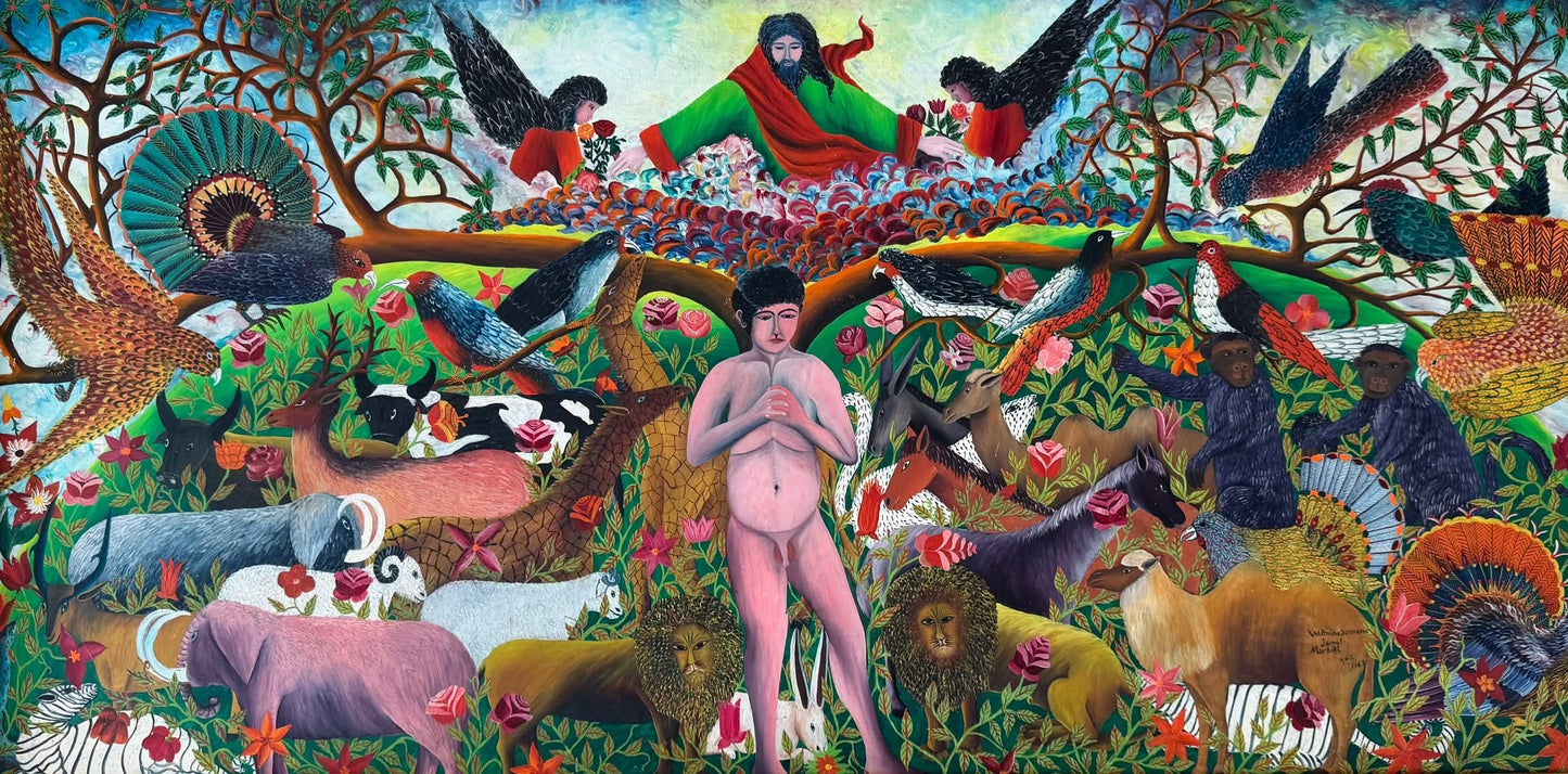 Wilmino Domond 24"x48" Adam in Eden Paradise 1967 Oil on Board Painting#1CZ