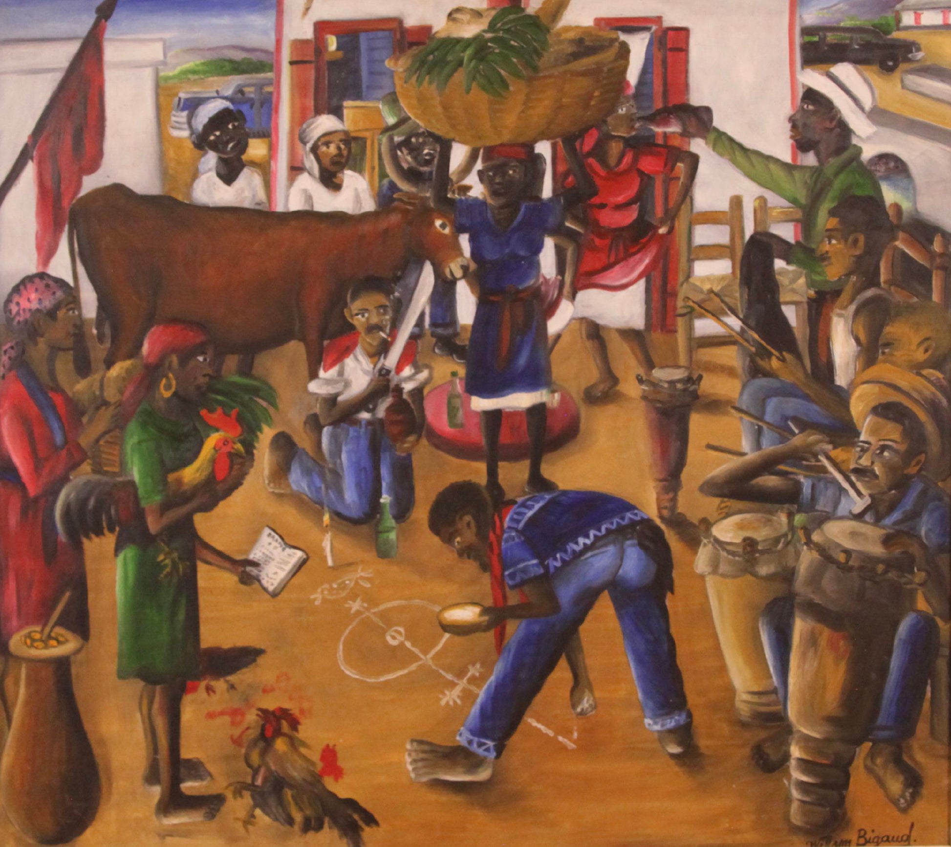 Artistic depiction of a lively scene with people and animals, possibly from Haitian culture.