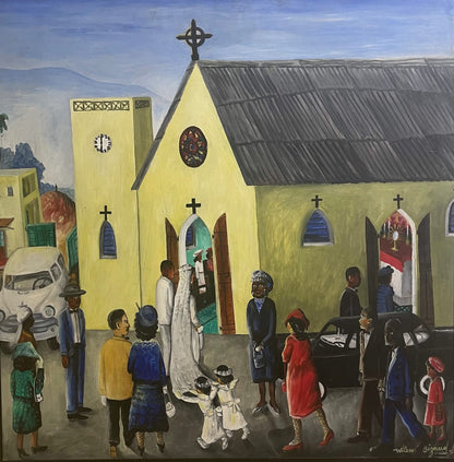 Wilson Bigaud original 1970 Haitian oil on board painting depicting a wedding ceremony inside a yellow church, 24 × 24 inches.