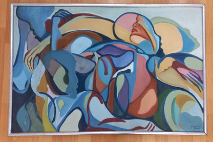 Yannick Jean 24"x36" Abstract 1980s Acrylic on Canvas Framed Painting #1MES