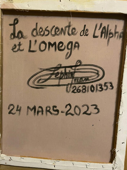 Frantz Zephirin 26.5"x22.50 "La Descente de l'Esprit et l'Omega" 2023 Oil on Board- Encrusted Painted Frame Painting #13JN-NY
