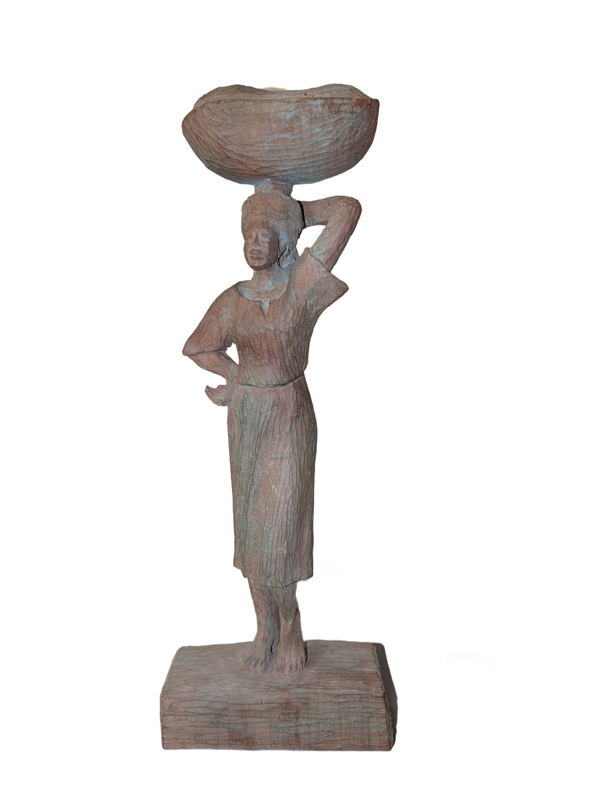 Ludovic Booz hand-carved wood sculpture of a Haitian woman carrying a basket on her head