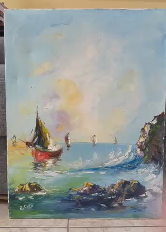 Raoul Viard (1921-1984) 24" x18" Sailboats at Sea c.1970s Oil on Canvas Unframed Painting #4RS