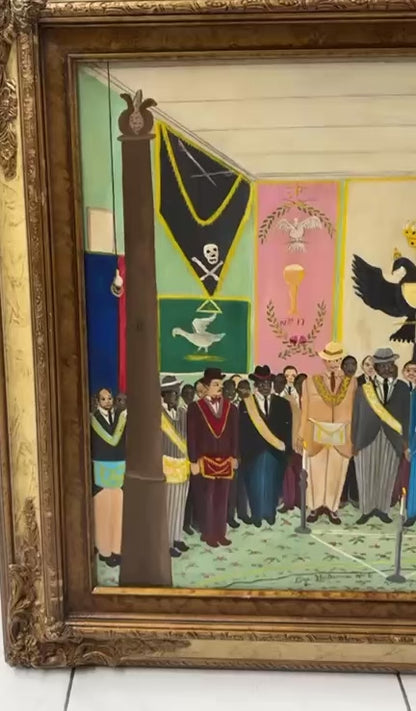 Seneque Obin (1893-1977) 20"x24" Haitian Masonic Lodge c1960 Oil on Masonite #19-3-96-3-96GSN-HA-Fondation Marie & Georges S. Nader