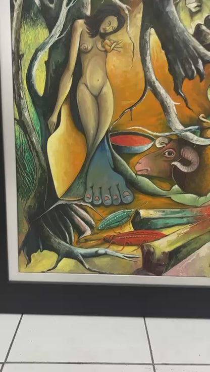 Jacques Enguerrand Gourgue 36"x48" Ritual Landscape with Figures and Beasts c1960 Oil on Board #32-2-96GN-HA