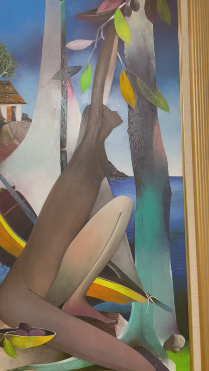 Jacques-Enguerrand Gourgue (1930-1996) 38"x18" The Forbidden Fruit 1994  Oil on Canvas Painting #1MFN-Private Collection of Myriam F. Nader