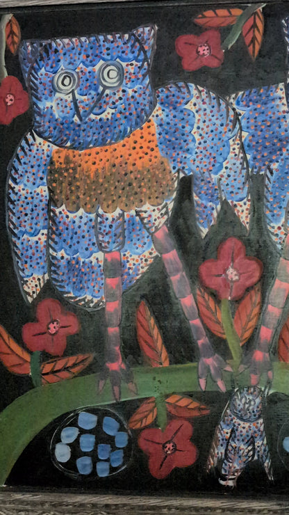Sisson Blanchard ( 1926-1981) 24"x72" Six Owls & Five Owlets c1970 Oil on Board Unframed Painting#1LA