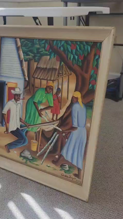 Castera Bazile (1923-1966) 23.50" x 18.50" Extracting Sugarcane Juice 1952 Oil on Masonite Framed Painting #7SS