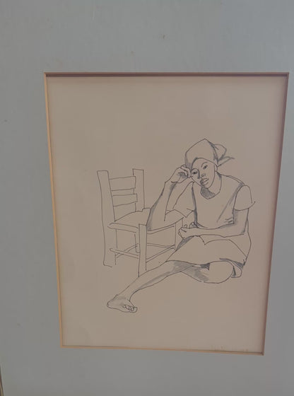 Luce Turnier (1924-1995) 11"x9" The Pensive Lady 1987 Drawing with Crayon  Framed#1GSN-NY