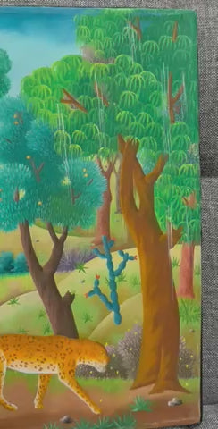 Philton Latortue 16”x 20” Haitian Jungle Landscape with Leopard, Tiger & Deer 1977 Oil on Canvas Unframed Painting #1-2-95MFN