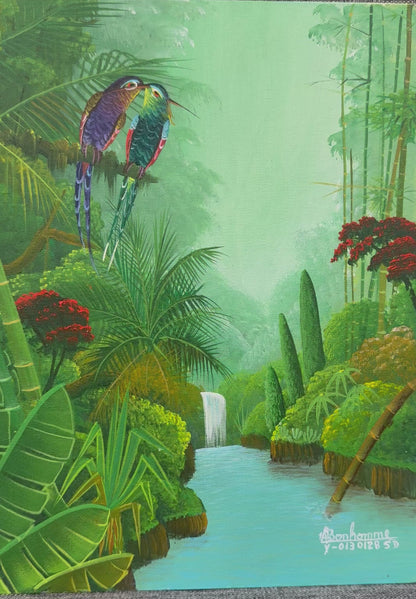 Albott Bonhomme 16"x12" Lovebirds by the Waterfall 2026 Acrylic on Canvas Mounted on Panel Painting #67MFN