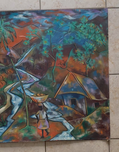 Paul Beauvoir (1932-1972) 24"x32" Village Scene in The Mountains 1970 Oil on Canvas Scratched Painting #10-1-93GSN-NY