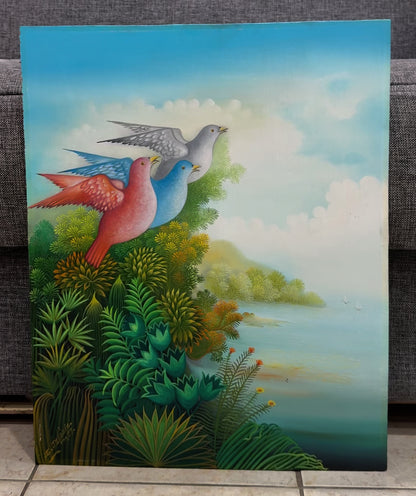 Eric Jn-Louis (Haitian.1957-2022) 20"x16" Peace on Earth 1989 Oil on Board Painting #2MFN