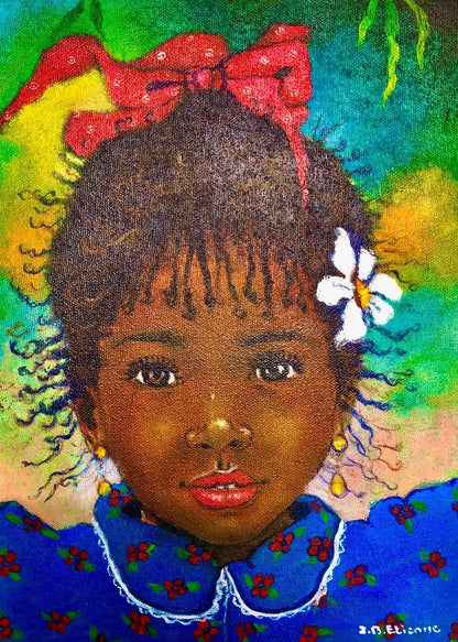 Jean-Bernard Etienne Little Girl with Red Bow Haitian portrait acrylic on canvas 10x8 , from Georges S. Nader private collection New York