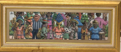 Alix Roy (1930-2010) 9"x26" Busy Children Marketplace Acrylic on Hard Canvas Framed #3MFN