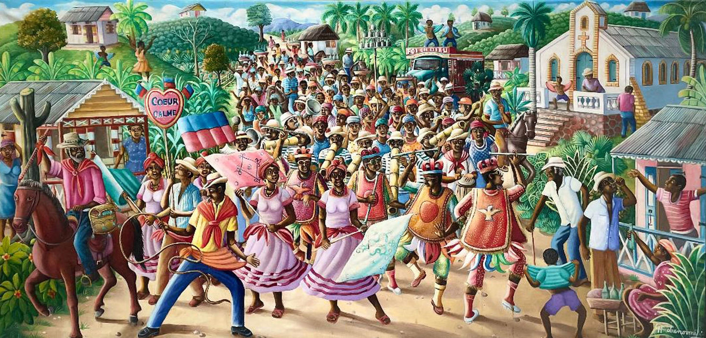 Andre Normil (Haitian, 1934-2014) 24"x48" "Rara Scene" Oil on Canvas Painting #2GSN-NY