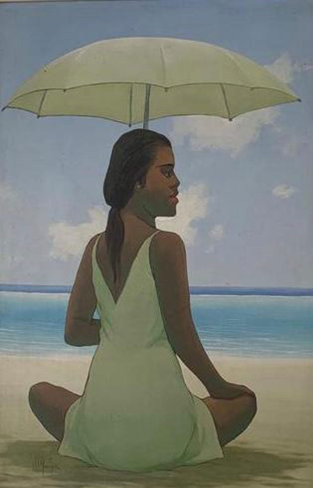 Plutarco Andujar Haitian oil on canvas painting of a seated woman holding an umbrella by the sea, 36 x 24 inches