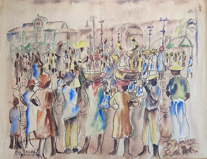 Antonio Joseph (1921-2016) 13.50"x17.50" Busy Market Scene c1945-46 Watercolor on Paper  #1J-HA