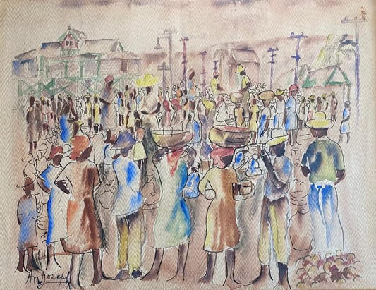 Antonio Joseph (1921-2016) 13.50"x17.50" Busy Market Scene c1945-46 Watercolor on Paper  #1J-HA