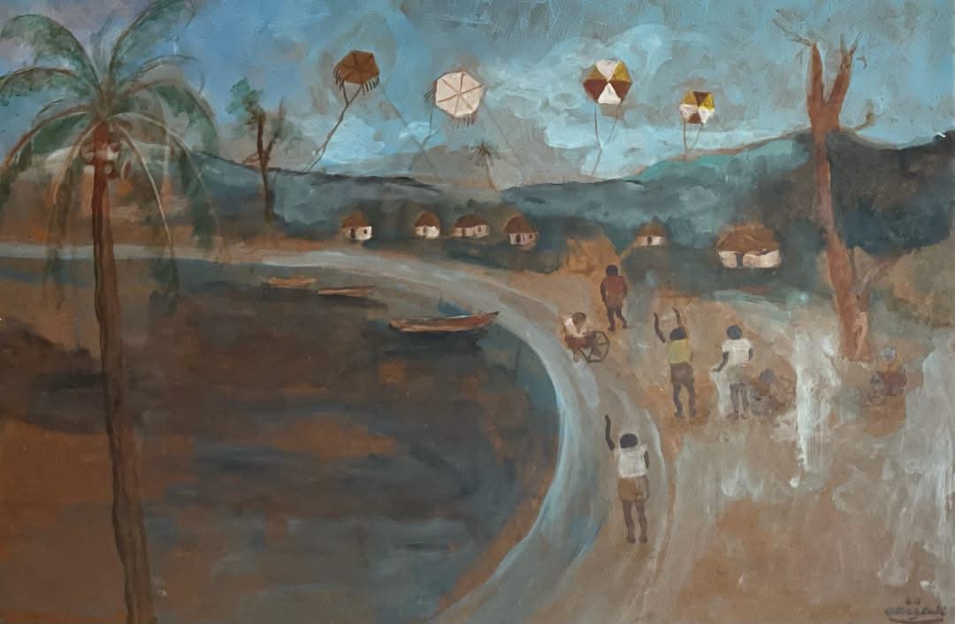 Harry Jacques (Arijac) 24"x36" Kiting by the Beach c1970 Acrylic on Board #1HL