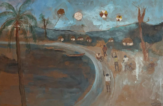 Harry Jacques (Arijac) 24"x36" Kiting by the Beach c1970 Acrylic on Board #1HL