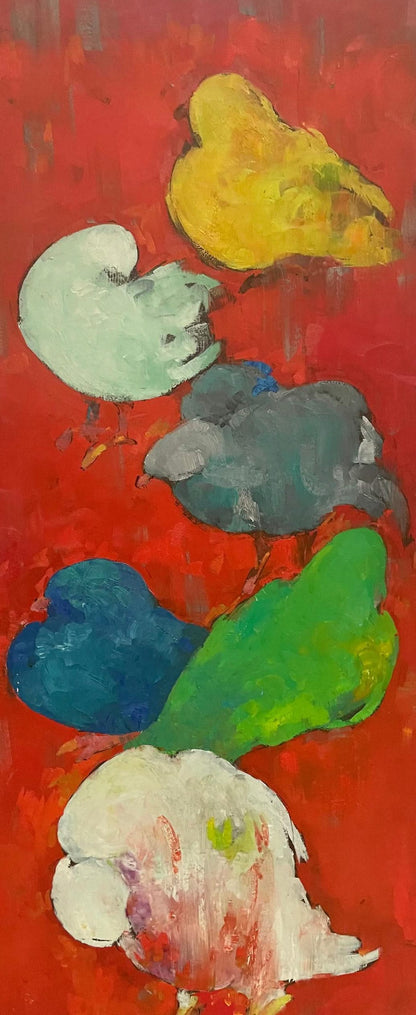 Gesner Armand (1936-2008) 31 ⅝" x 11 ⅞" Pigeons On Red Background 1967 Oil on Board Unframed Painting #1US-NY