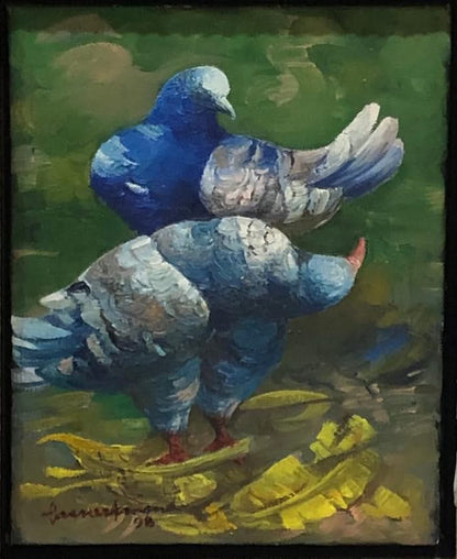 Gesner Armand (1936-2008) 11"x9.50" Blue Pigeons 1998 Oil on Canvas Unframed #2FC