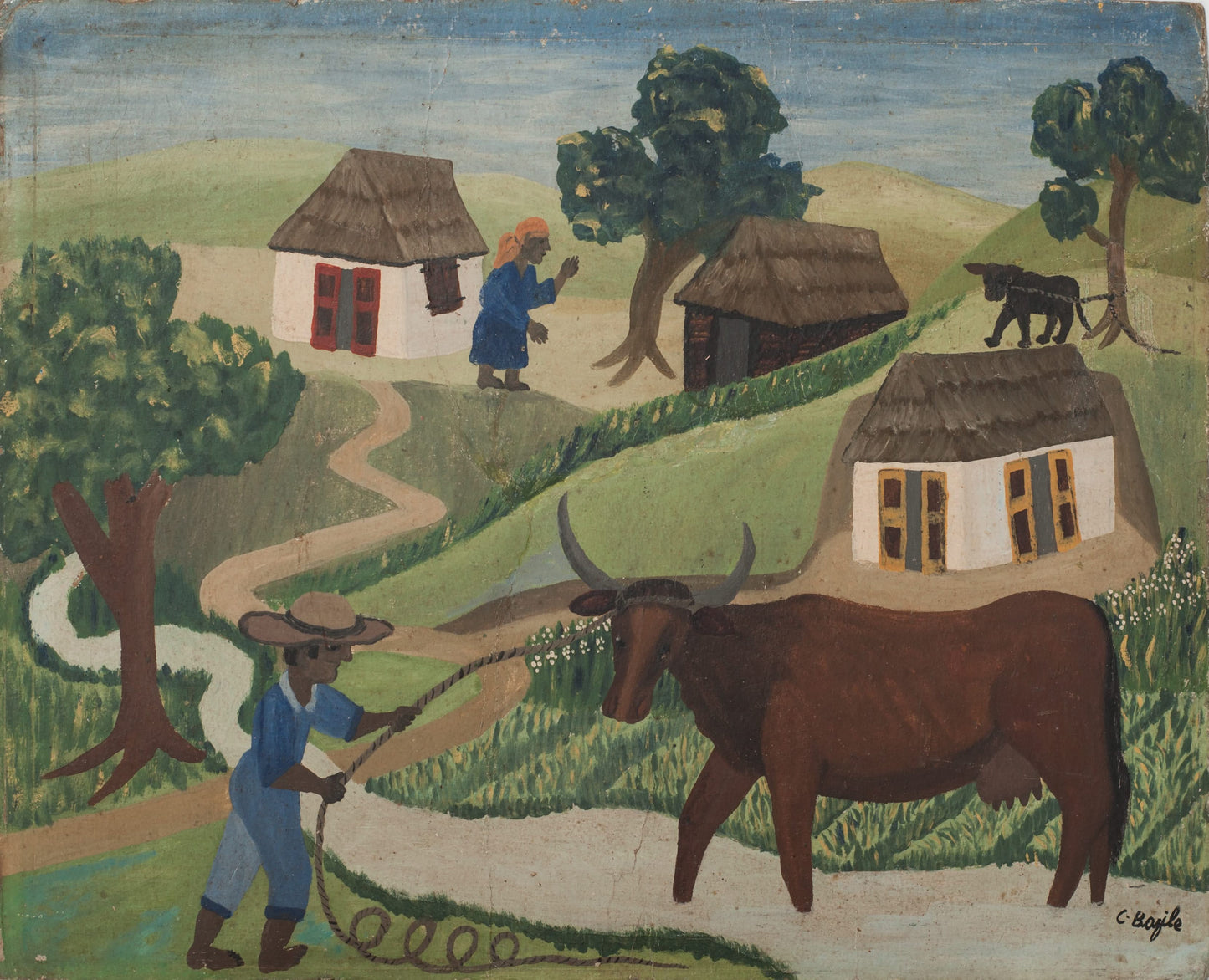 Oil painting by Castera Bazile titled “The Cow,” showing a farmer guiding an ox near thatched houses in a lush Haitian countryside, circa 1940.