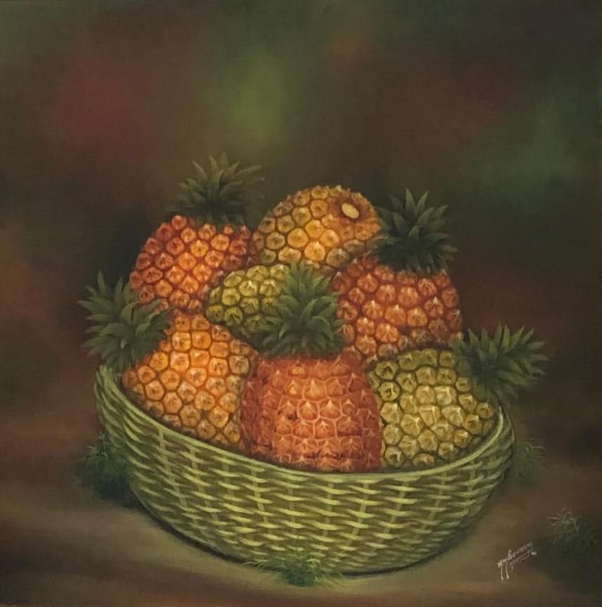 Benson Myrtil 26"x26" Still Life/ Pineapples 1992 Acrylic on Canvas Framed#1FC