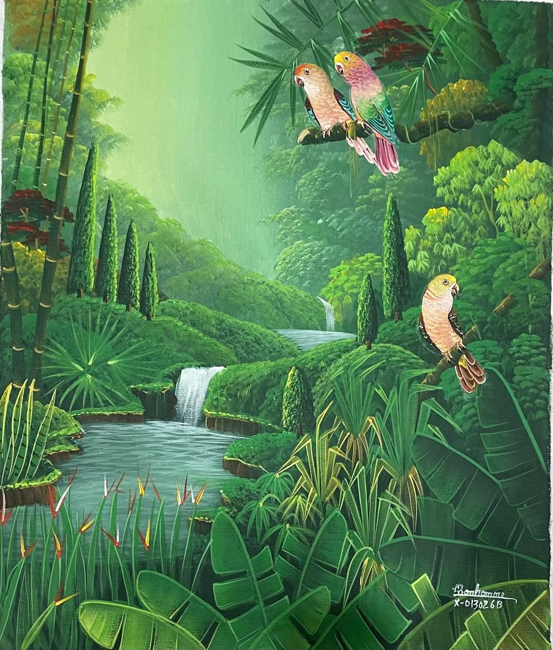 Albott Bonhomme 24"x20" Three Birds In Tropical Jungle With Cascade & Trees 2022 Acrylic on Canvas Painting #31MFN