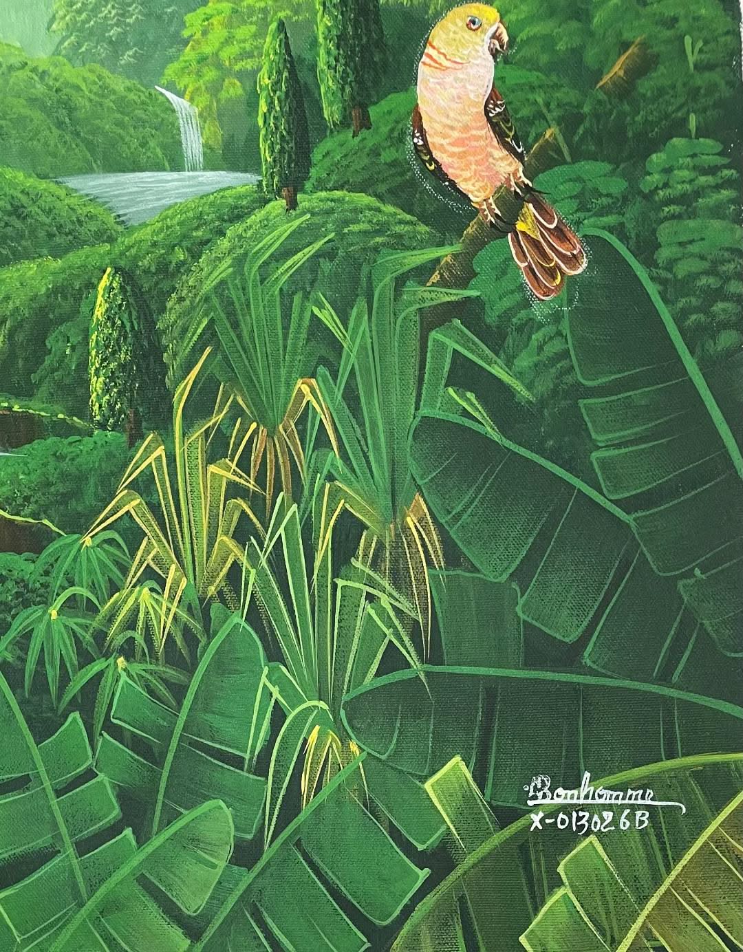 Albott Bonhomme 24"x20" Three Birds In Tropical Jungle With Cascade & Trees 2022 Acrylic on Canvas Painting #31MFN