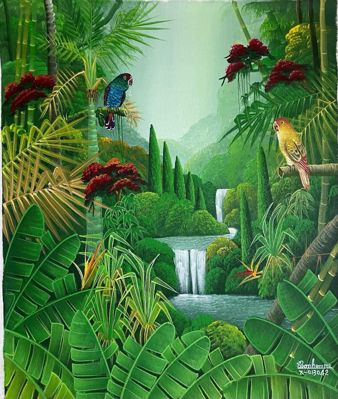 Albott Bonhomme 24"x20" Blue, Yellow Birds & Cascades 2022 Acrylic on Canvas Painting #20MFN