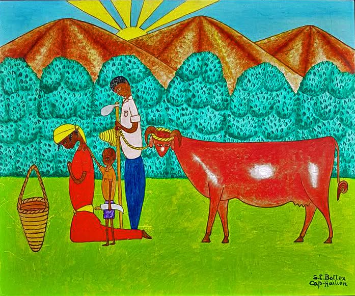 Seymour E. Bottex Haitian offering scene to Jesus with family, red cow, mountains, and radiant sun, from Myriam Nader’s private collection.