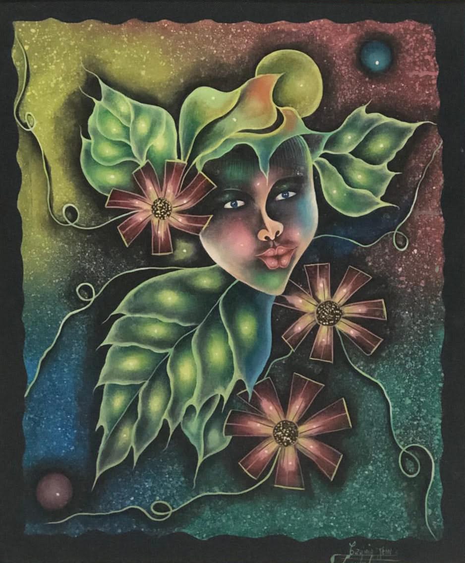 Casimir Jean 24"x20" Mask and Leaves Oil on Canvas Painting #1FC