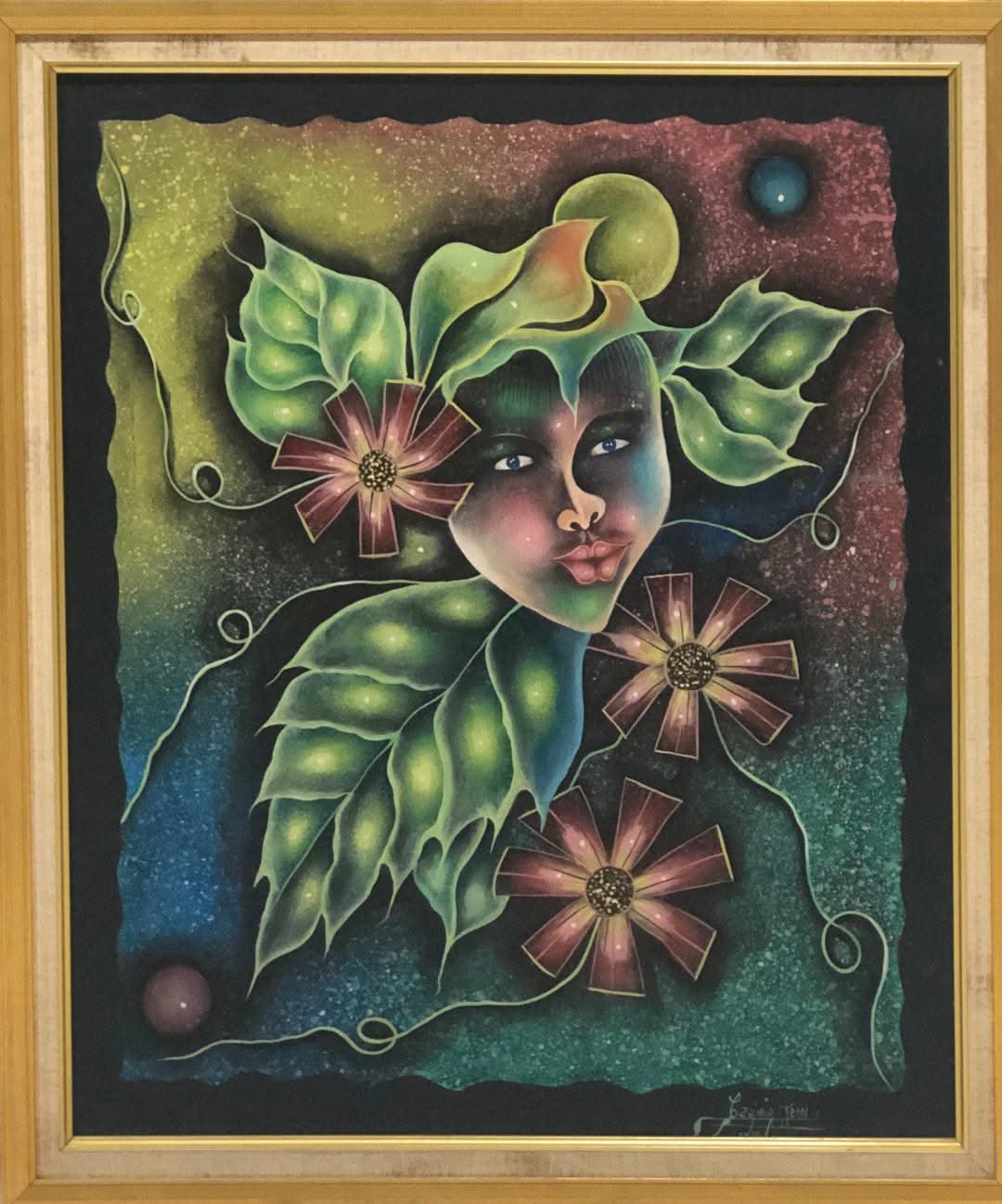 Casimir Jean 24"x20" Mask and Leaves Oil on Canvas Painting #1FC