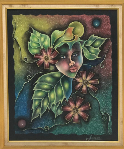 Casimir Jean 24"x20" Mask and Leaves Oil on Canvas Painting #1FC