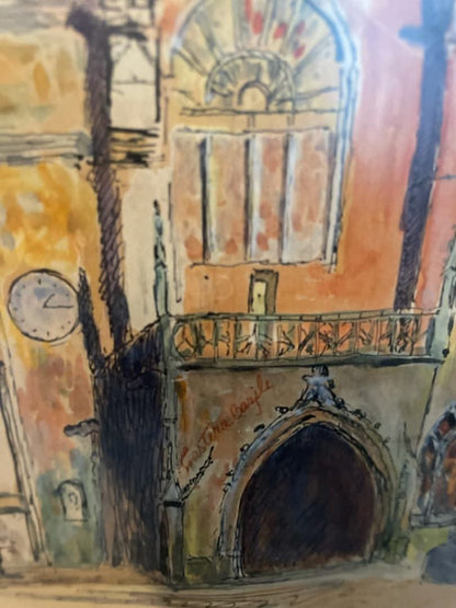 Castera Bazile (1923-1966) 15"x10" The Church c1960 Watercolor on Paper Framed #1HL