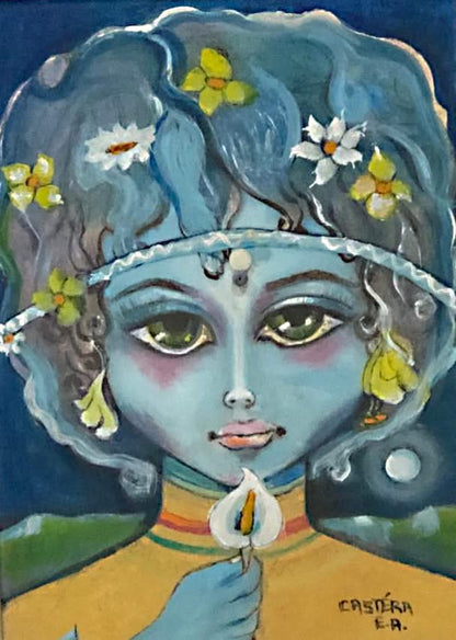 Jean-Claude Castera 15"x10” Girl with Flower Acrylic on Masonite Framed #3FC