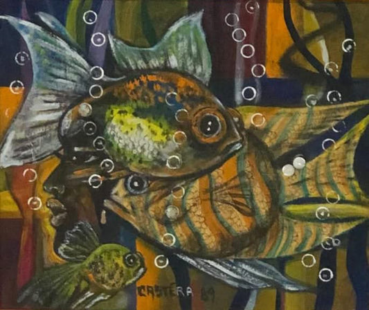 Jean-Claude Castera 13"x16" The Fish 1989 Acrylic on Masonite Framed #2FC