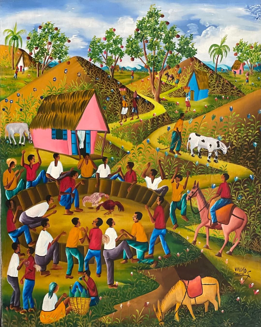 Valito Charles 30"x24" Rooster Fighting C1980  Oil on Canvas Painting #5-2-95MFN