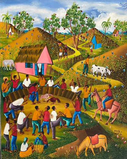 Valito Charles 30"x24" Rooster Fighting C1980  Oil on Canvas Painting #5-2-95MFN