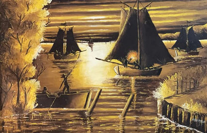 Decourcelle Gourgue 30"x32" Fishermen at Night c1980 Oil on Canvas #1HL