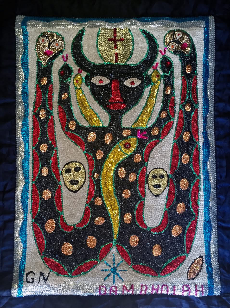 Gus Nul (G.N)- Haitian Sequined  and Beaded Voodoo Flag on Satin, 2016 "Damballa" #1MFN 37.5"x28"